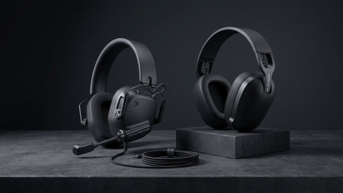 Playmax MXPro 2.0 wired gaming headset and Black Wireless Pro wireless headset side by side on a dark desk