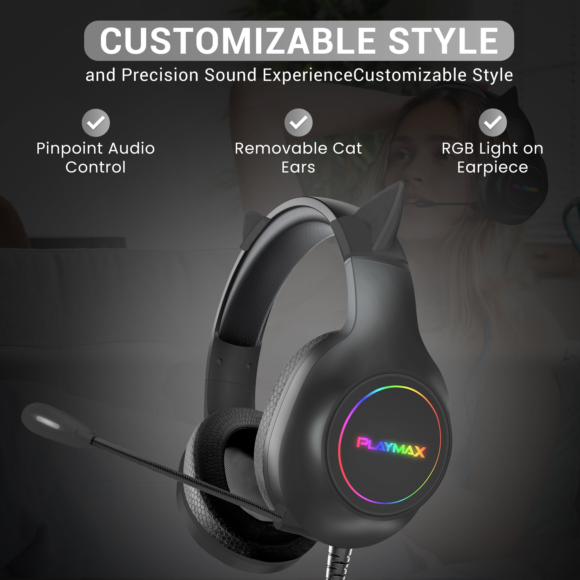 PLAYMAX CAT EAR HEADSET - BLACK