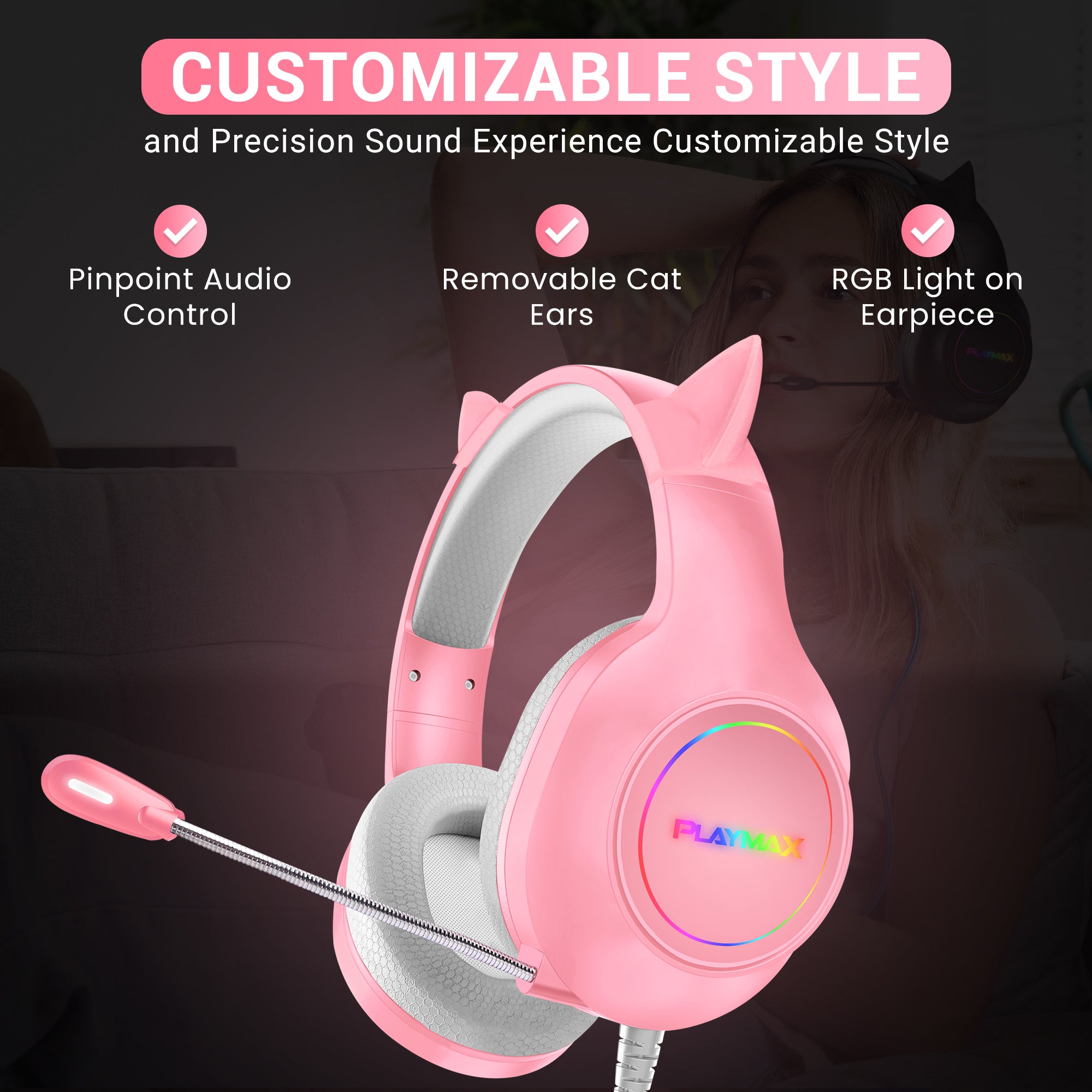 PLAYMAX CAT EAR HEADSET - PINK