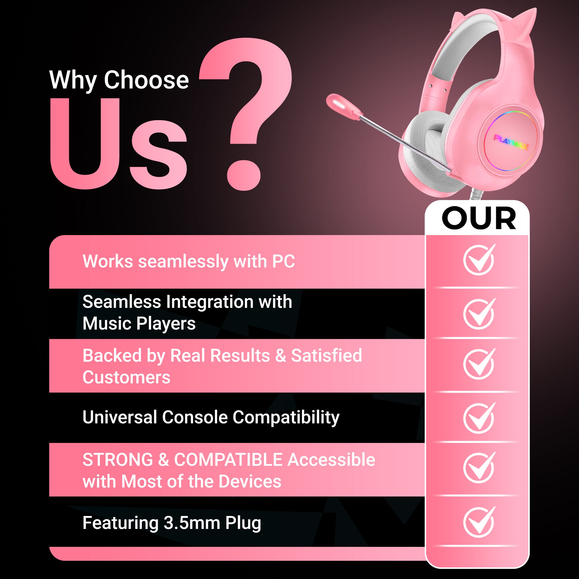 PLAYMAX CAT EAR HEADSET - PINK