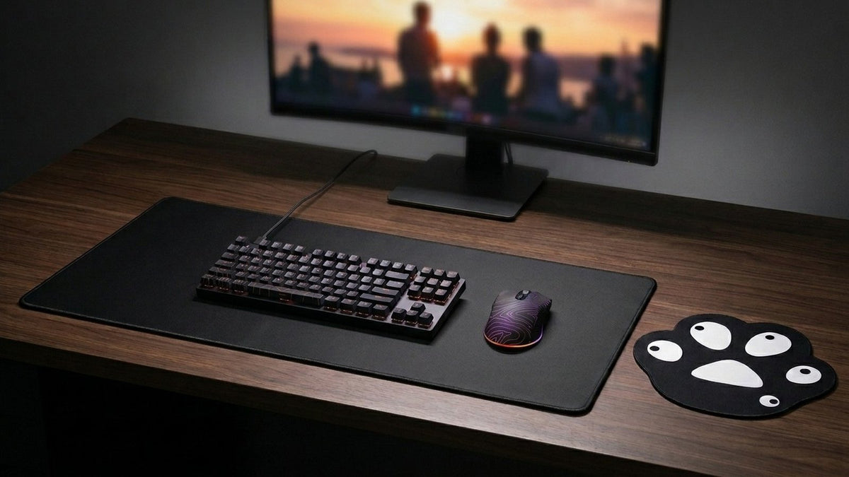 Playmax Surface X2 desk mat with keyboard and mouse next to a Paw Print mouse pad on a dark desk