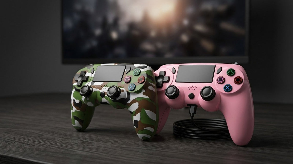 Playmax camo and pink wireless PS4 controllers on a desk with a charging cable and gaming monitor